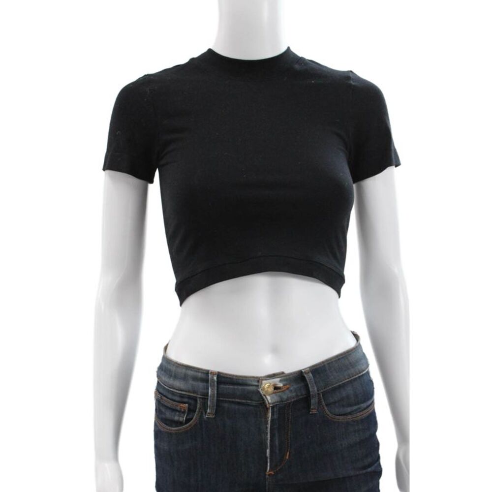 KHY Womens Cropped Short Sleeve Mock Neck Black T-Shirt Size XS